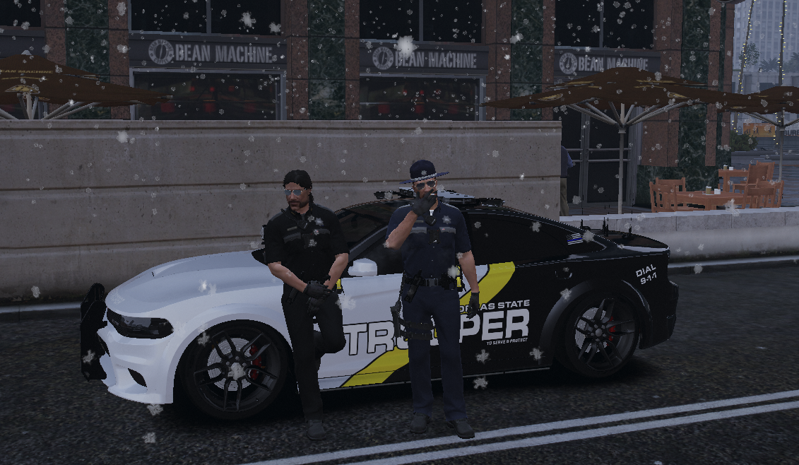 Two cops leaning on a cop car